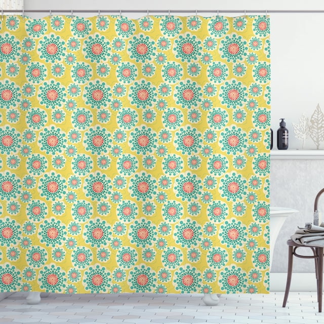 Yellow and Blue Shower Curtain, Abstract Dotted Floral Arrangement