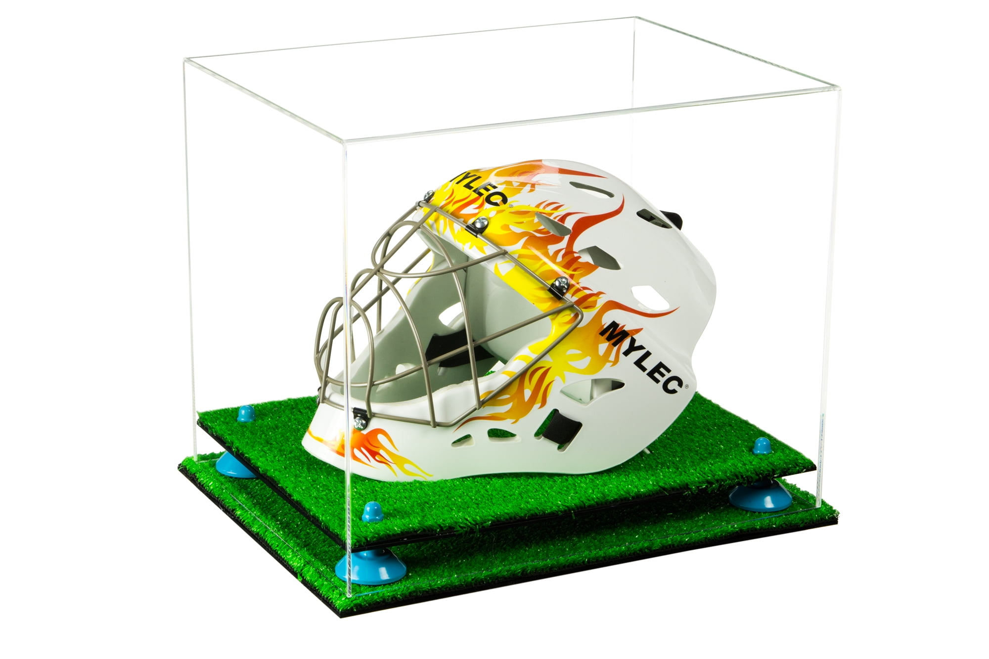 Deluxe Clear Acrylic Lacrosse Helmet Display Case with Blue Risers and
