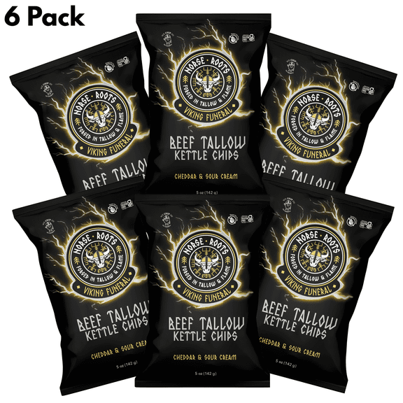 Norse Roots Beef Tallow Kettle Chips – Viking Funeral (Cheddar & Sour Cream) – Seed Oil Free, Gluten Free, 6 Pack, 5 oz Bags