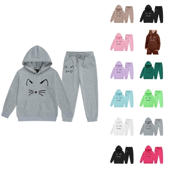 Girl's Cute Cat Graphic Tracksuit Fall Winter Long Sleeve Hoodie and Jogging Sweatpants 2 Piece Matching Sweat Suit