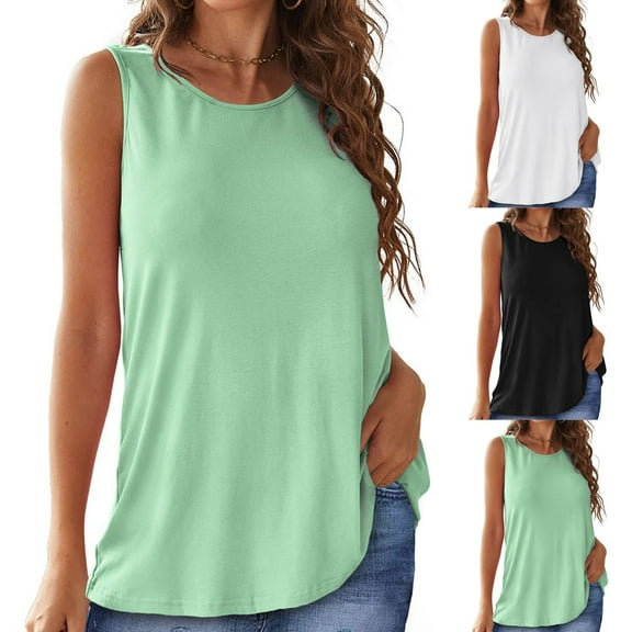 YHAJDS Women Built in Bra Tank Tops Sleeveless Casual Shirts Solid Color Round Neck Back Slit Yoga Loose Top