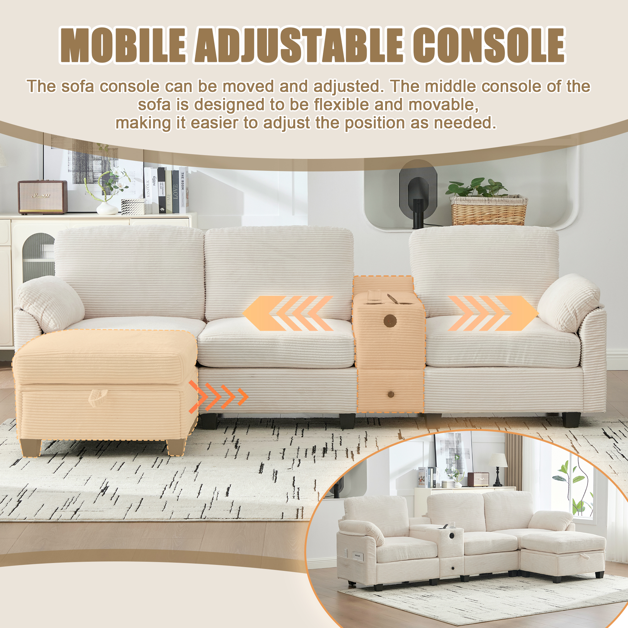 MOONMISS 105" L-Shaped Corduroy Modular Sectional Sofa with 1 Ottoman and Multi Functional Console, 3-Seater Upholstered Couch with USB and 2 Cup Holder, Easy Assembly, for Living Room,Beige