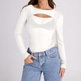 thumbnail image 2 of Lace Mesh Sheer Long Sleeve Tops for Women Crew Neck Cut Out Front Side Ruched Asymmetrical Hem Party Clubwear Fitted Tight T Shirts Blouses White M, 2 of 5