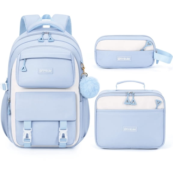 3-Piece Cute Backpack Set with Insulated Lunch Bag & Pencil Case, Blue & White