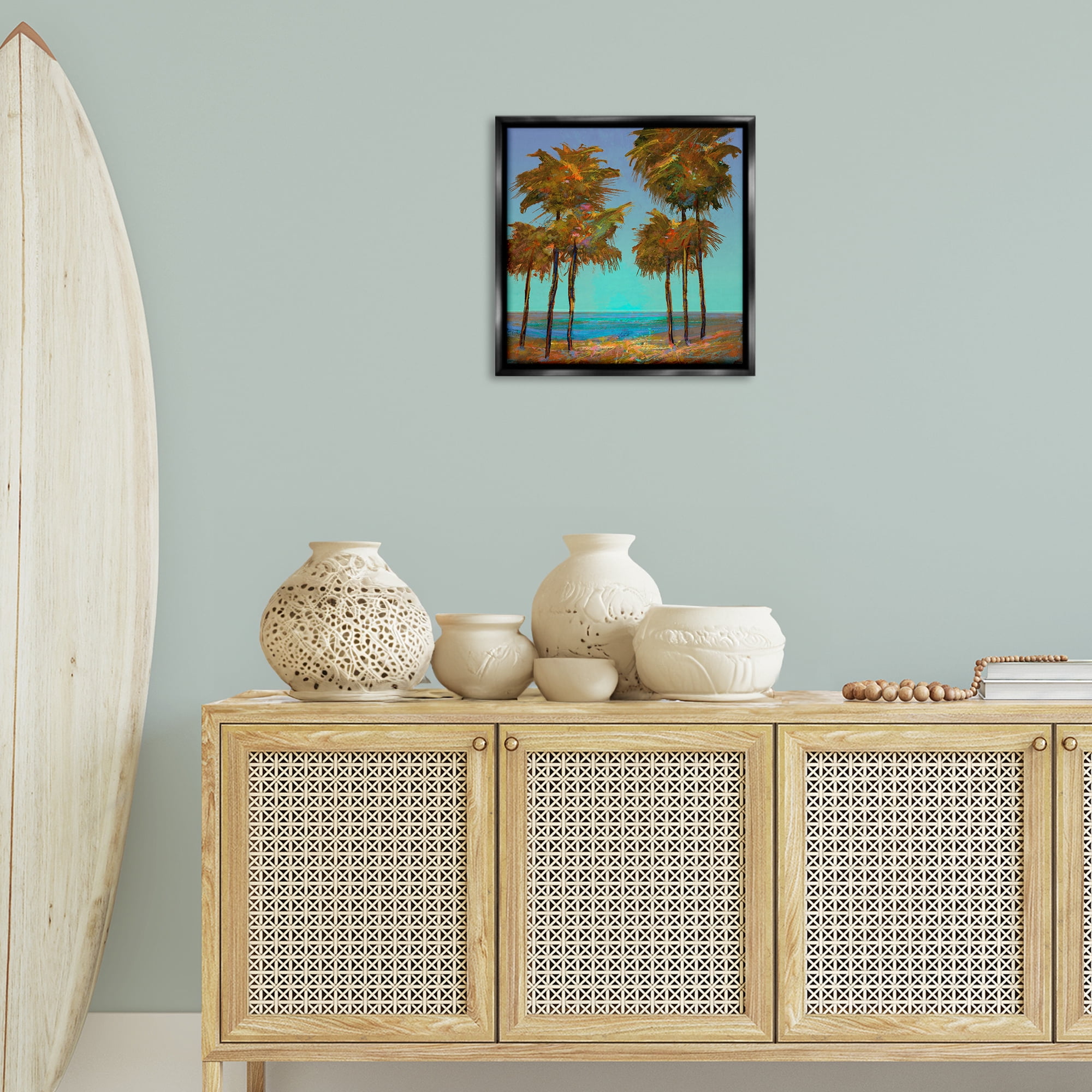 Stupell Industries Looming Green Palms Landscape Painting Black Floater Framed Canvas Art Print Wall Art, 18 x 18