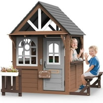 COCLUB Outdoor Playhouse, Wooden Playhouse for Kids Toddlers, Large Kids Playhouse with Bench/Fence/Kitchen/Door Nameplate/Pretend Phone, Girls Boys Outdoor Toy Gift for Ages 3 , (62.99"W* 67.32"L)