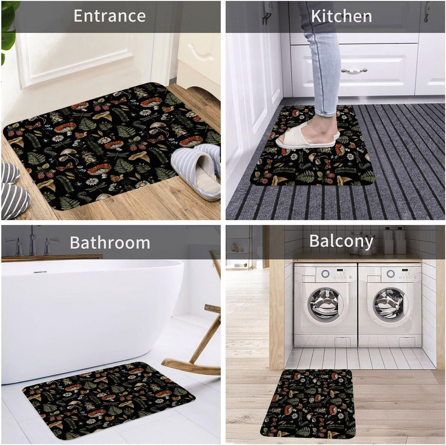 Vintage Mushroom Boho Bathroom Rugs, Magic Fairy Witchy Woodland Nature Plant Bath Mat, Hippie Botanical Floral Aesthetics Outdoor Rug, Soft Non Slip Floor Rugs for Living Room Kitchen Doormat, 17x29