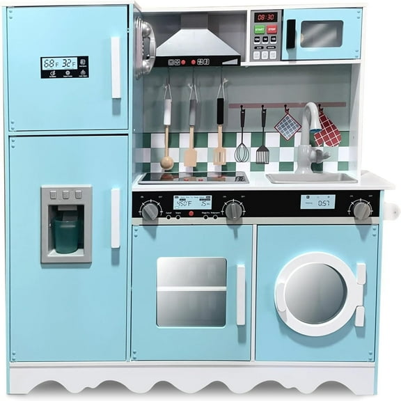 Lil' Jumbl Large Kids Kitchen Set, Wooden Pretend Play Kitchen with Range Hood & More - Blue