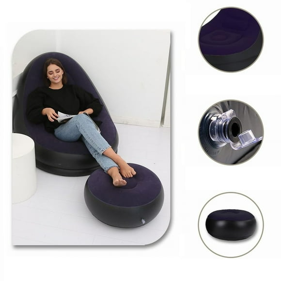 ViLaViDeca Portable Inflatable Lazy Chair Flocking Recliner Chair With Ottoman Air Couch Sofa For Indoor Living Room Bedroom Outdoor Travel Camping Picnic, Blue