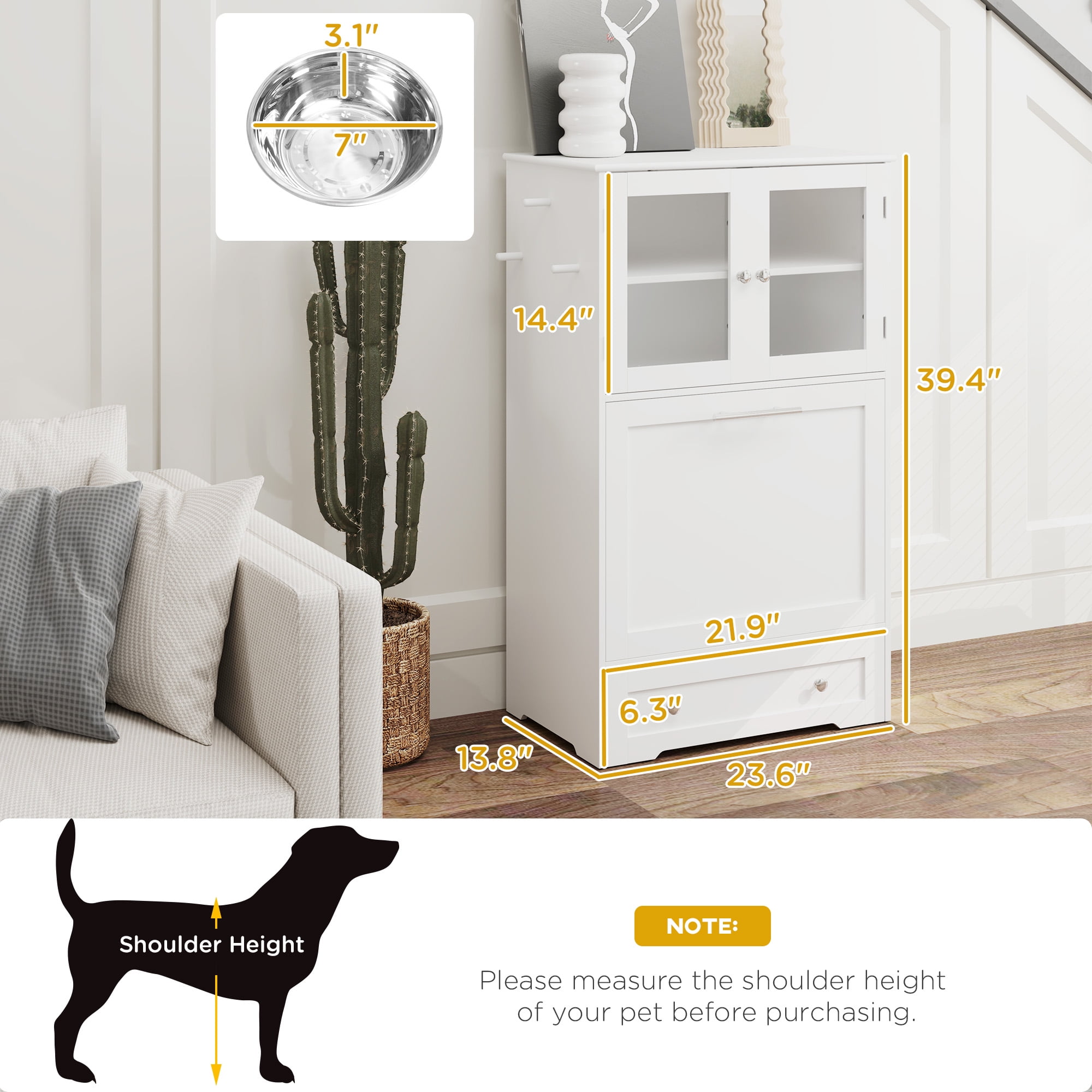 Pet Feeder Station Storage Cabinet with Dog Raised Bowls, White