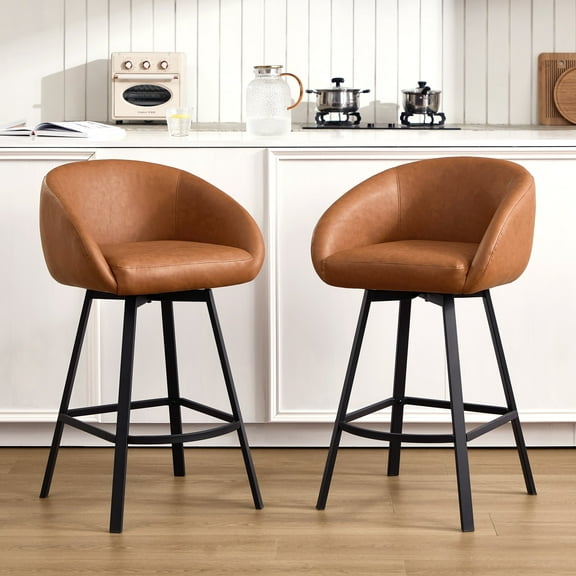 Zesthouse 26.4″ Swivel Bar Stools Set of 2, Faux Leather Upholstered Counter Height Barstools with Barrel Arms & Backs, Modern Counter Stools for Kitchen Island, Brown