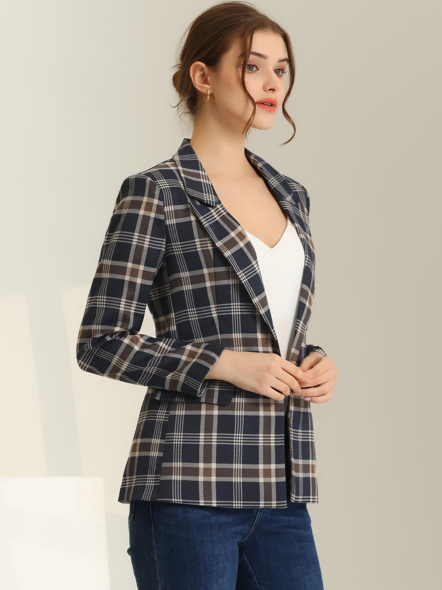 DARING DIVA Women's Boyfriend Notched Lapel One Button Blazer Suit Plaid Blazer Jacket S Dark Blue