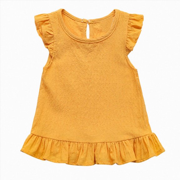 Sgkm Baby Kids Girl T Shirts with Fly Sleeve Ruffle Solid Color Cotton Top Round Neck Summer Clothes Breathable Yellow 3-4 Years