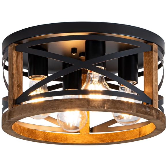 Lzglyptics Farmhouse Light Fixtures, 4-Light Round Flush Mount Ceiling Light with Wood and Metal Frame, Black Rustic Ceiling Ligh