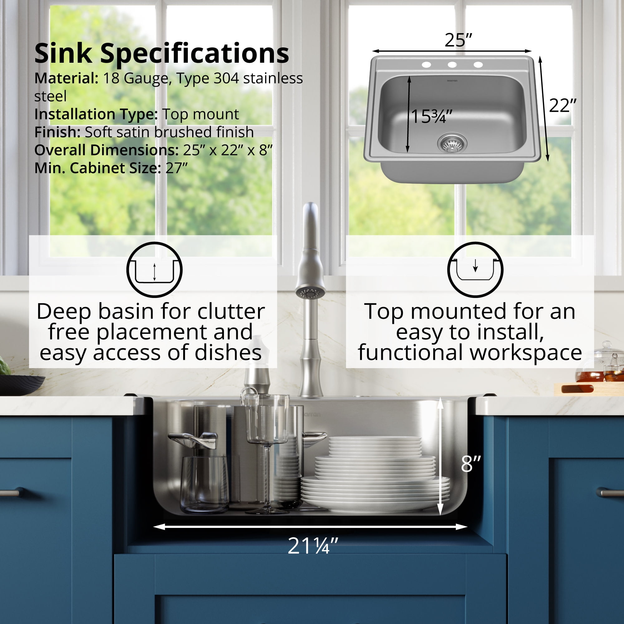 Karran 25" Top Mount 18-Gauge Stainless Steel Single Bowl Kitchen Sink Kit