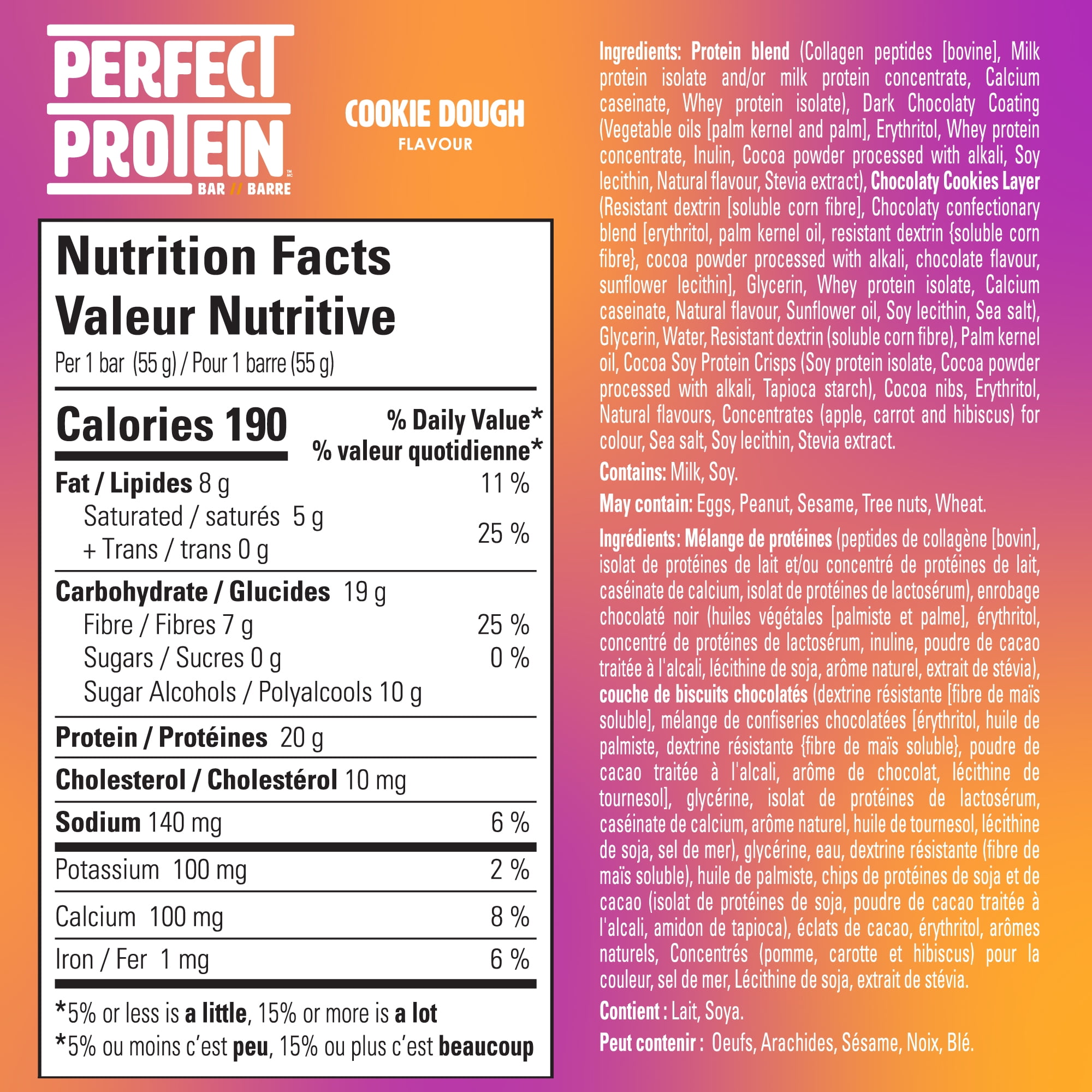No Sugar, Perfect Protein Cookie Dough Snack Bars, 55 g, 4 Count, 4 x 55 g