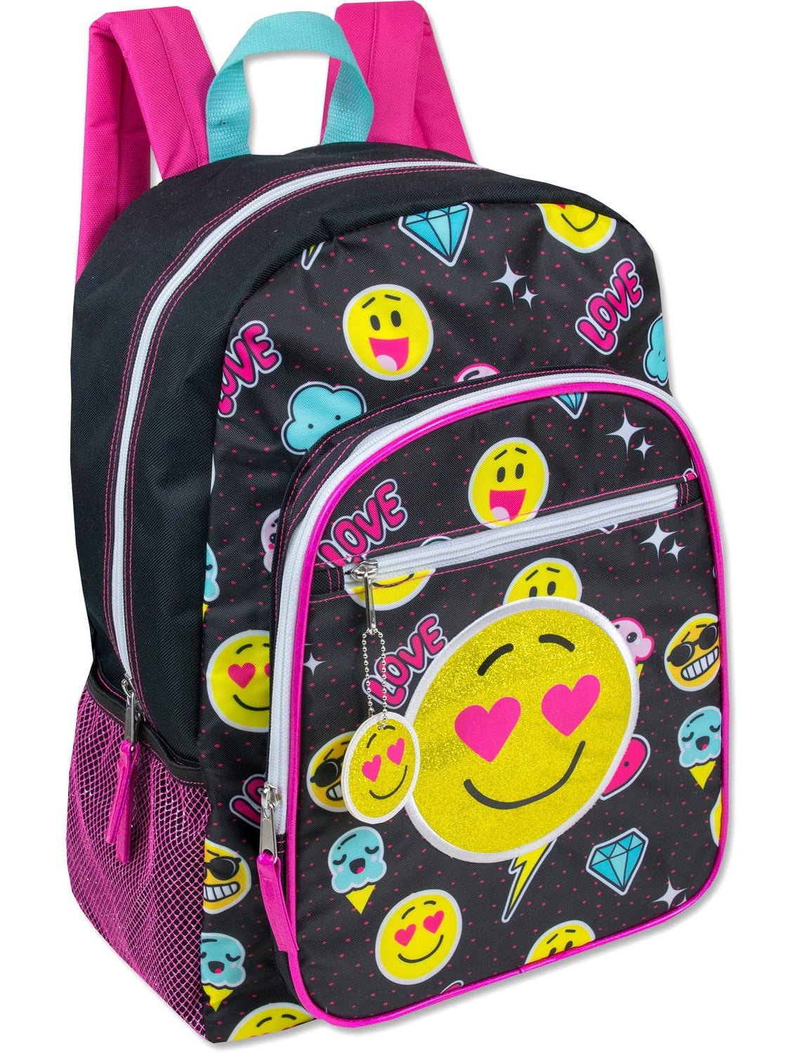 17" Girls Boys School Book Bag Kids Backpack Emoji Smiley Emoticon Black or Pink 