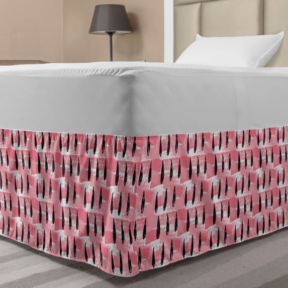 Abstract Bed Skirt, Grunge Black Drops Doodle on Pastel Brushstroke Background Hipster Pattern, Elastic Bedskirt Dust Ruffle Wrap Around for Bedding Decor, 4 Sizes, Pale Pink White, by Ambesonne
