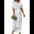 thumbnail image 2 of Vestido Camisero Fruncido de Verano para Mujer, Corta, Solapa, Cuello en V, Fiesta, Cintura Alta, L, 2 of 9