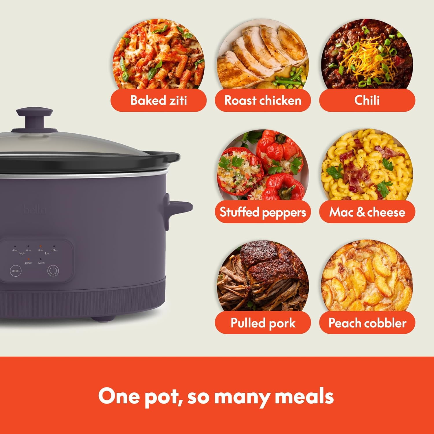 bella 6 Qt Digital Programmable Slow Cooker with Ceramic Nonstick Coating, Adjustable Temperature & Cooking Time, Dishwasher Safe Pot & Tempered Glass Lid, Plum