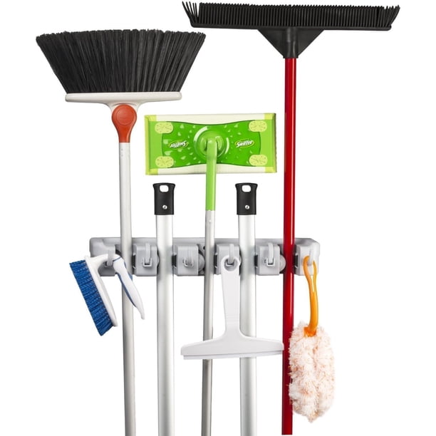 Soporte de pared para escobas de diseño versátil, construcción resistente de aluminio y plástico, resistente a la humedad, impermeable, soporta hasta 5 kg, fácil instalación, ajustable para varios