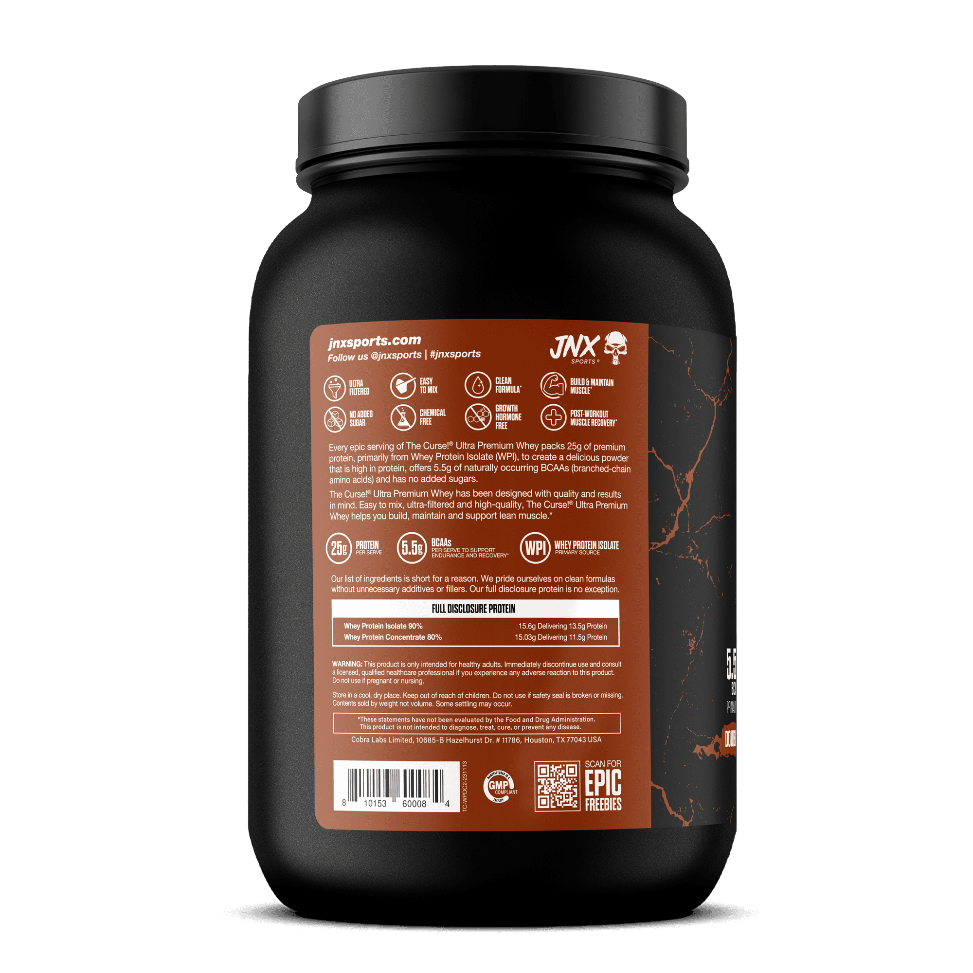 JNX Sports® The Curse! Ultra Premium Whey Protein Powder Double Chocolate, Whey Protein Isolate Blend, 25g Protein per Serving, 2 lb