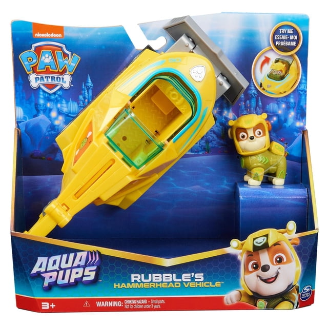 Paw Patrol Aqua Pups Rubble Con Vehículo Acuatido Tiburon Martillo Spin Master