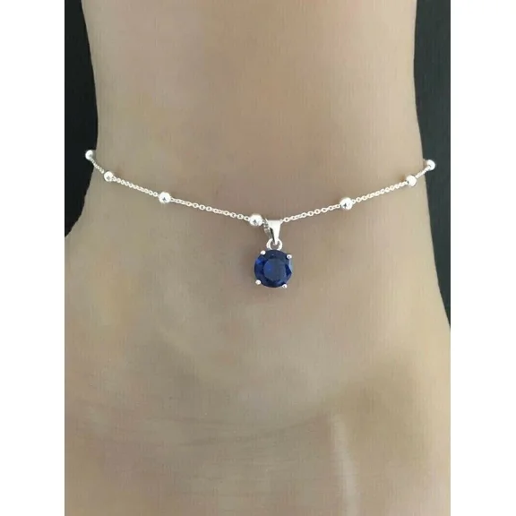 2 Ct Round Cut Simulated Blue Sapphire Solitaire 8" Women's Anklet 14K White Gold Plated 925 Silver