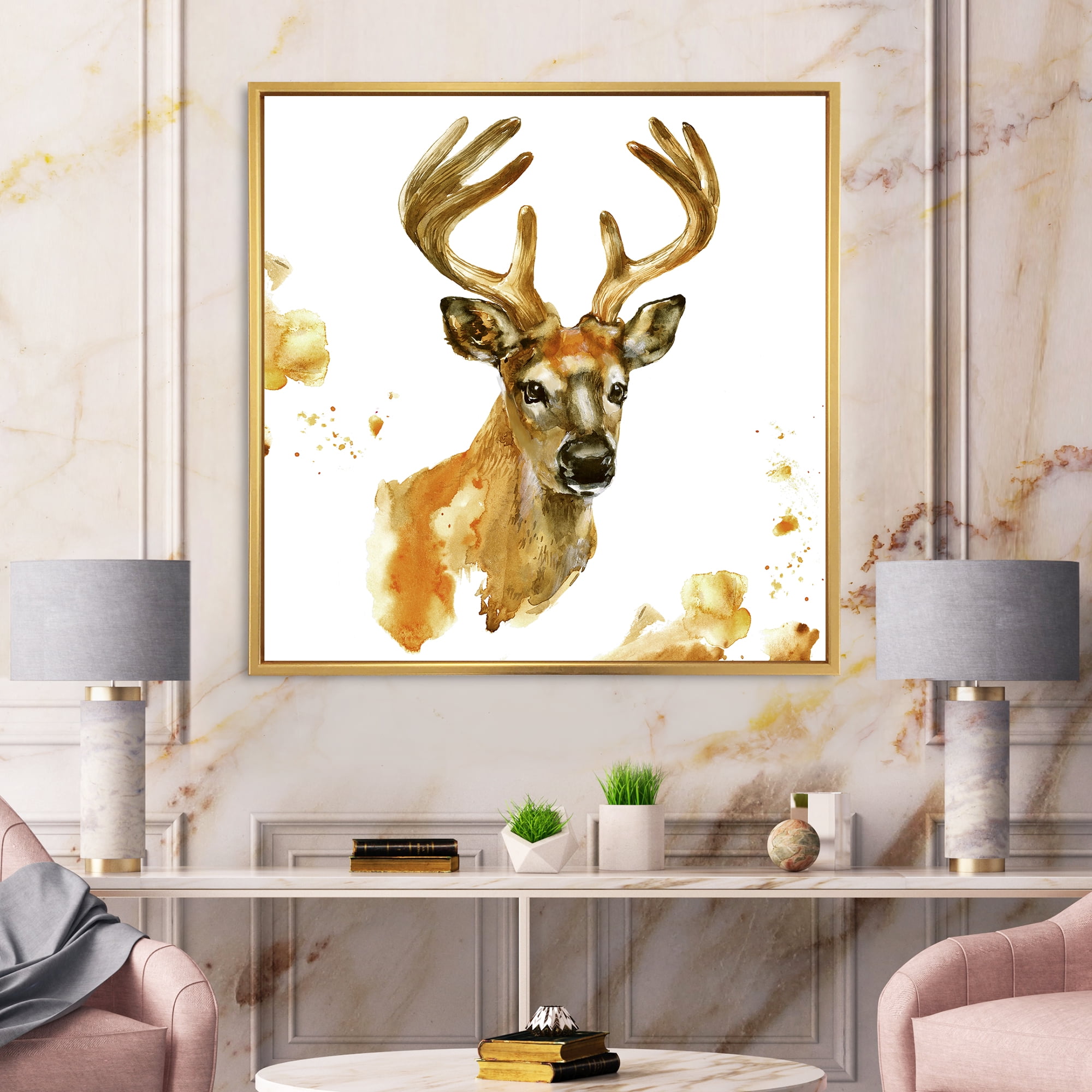 Designart 'Abstract Portrait Of Deer With Big Horns' Farmhouse Framed Canvas Wall Art Print
