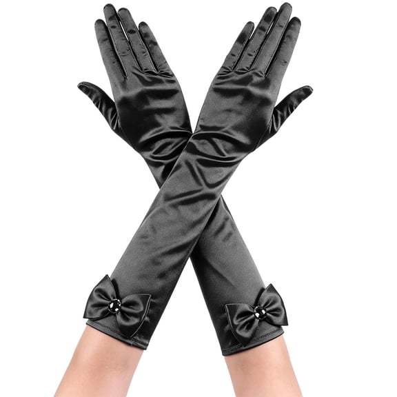 Girls Long Satin Gloves with Bow Decor, Solid Color Full Finger Costume Gloves for Girls, Long Formal Princess Dress Gloves for Birthday Party, Stage Performance and Photo Shoot Accessory Black