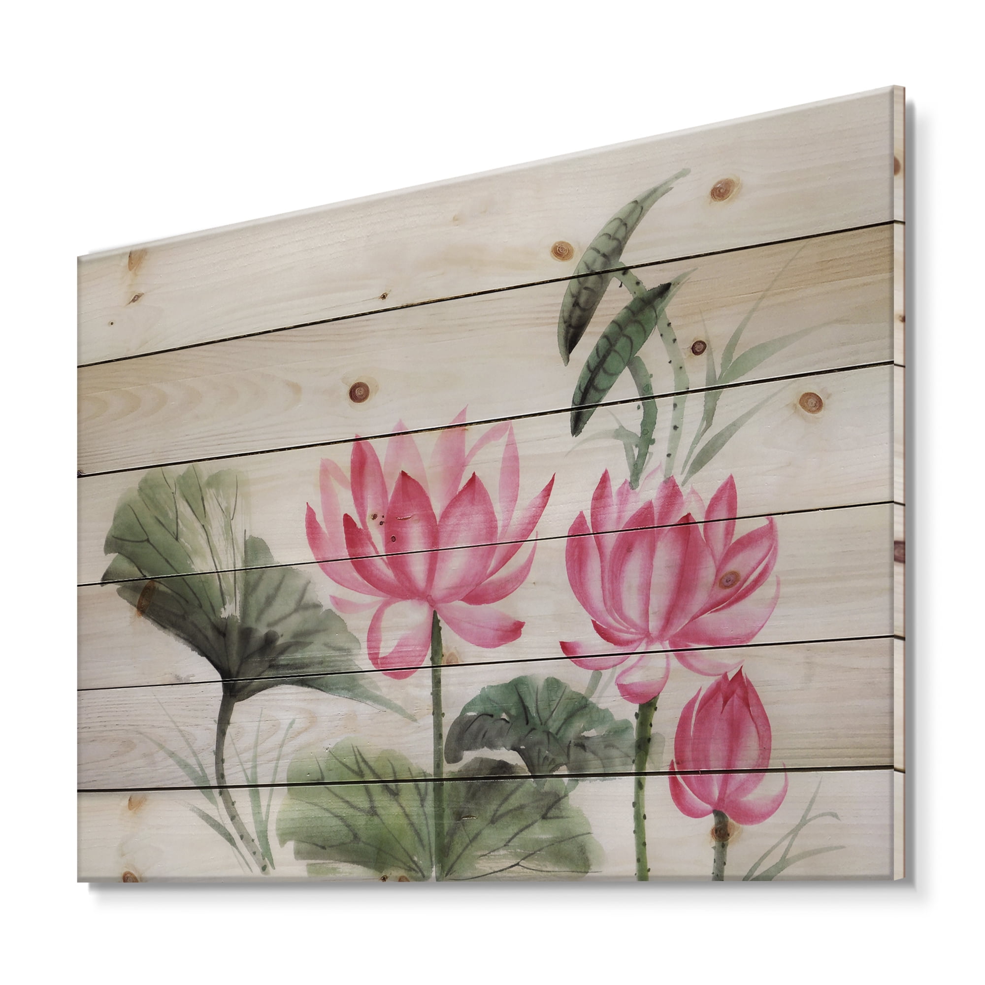 Designart 'Ancient Pink Lotuses In The Pond I' Traditional Print on Natural Pine Wood