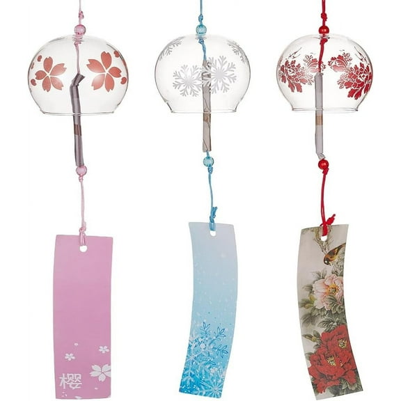 1Set 3PCS Japanese Wind Chimes Pink Cherry/Red/Blue Glass Wind Bells Handmade Pendants for Birthday Gift Home Christmas Party Decorations