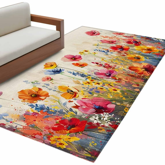 Pastoral Botanical Area Rug 3x5 FT, Non Slip Entryway Bedside Carpet, Watercolor Spring Summer Flowers Rustic Washable Soft Floor Carpet Indoor Mat Throw Rug for Dorm Kitchen Home Office