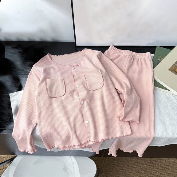 LEKWK Boys Girls Pajama Set Long Sleeve Button Down Shirts and Elastic Waist Pants Toddler Lightweight Ribbed 2 Piece Outfits Fall Winter Lounge Homewear 2-8Y