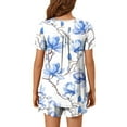thumbnail image 4 of hxobax Women's Short Sleeve Pajama Sets Loungewear Casual Floral Printed Round Neck Button Down Shirts Tops and Shorts Matching Sets Trendy Tunic Blouse Pjs Pajamas Set Nightwear,#02_Blue,Medium, 4 of 6