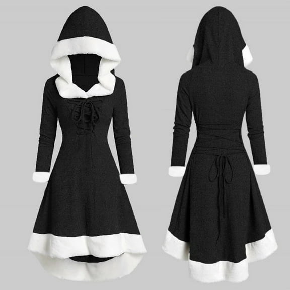 BdTemWBs Women's Christmas Cloak Dresses Hooded Furry Hem Lace Up Patchwork Long Sleeve Party Dress for Women (Black, L)