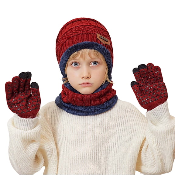 Kids Winter Beanie Hat Scarf Touchscreen Gloves Set for Boys Girls 4-15 Years Warm Skull Cap Fleece Lined Knitted Hat