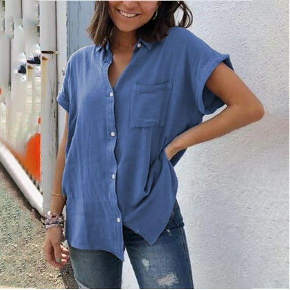 womens summer tops casual stylish lapel button down shirt short sleeve open front cardigan with pockets