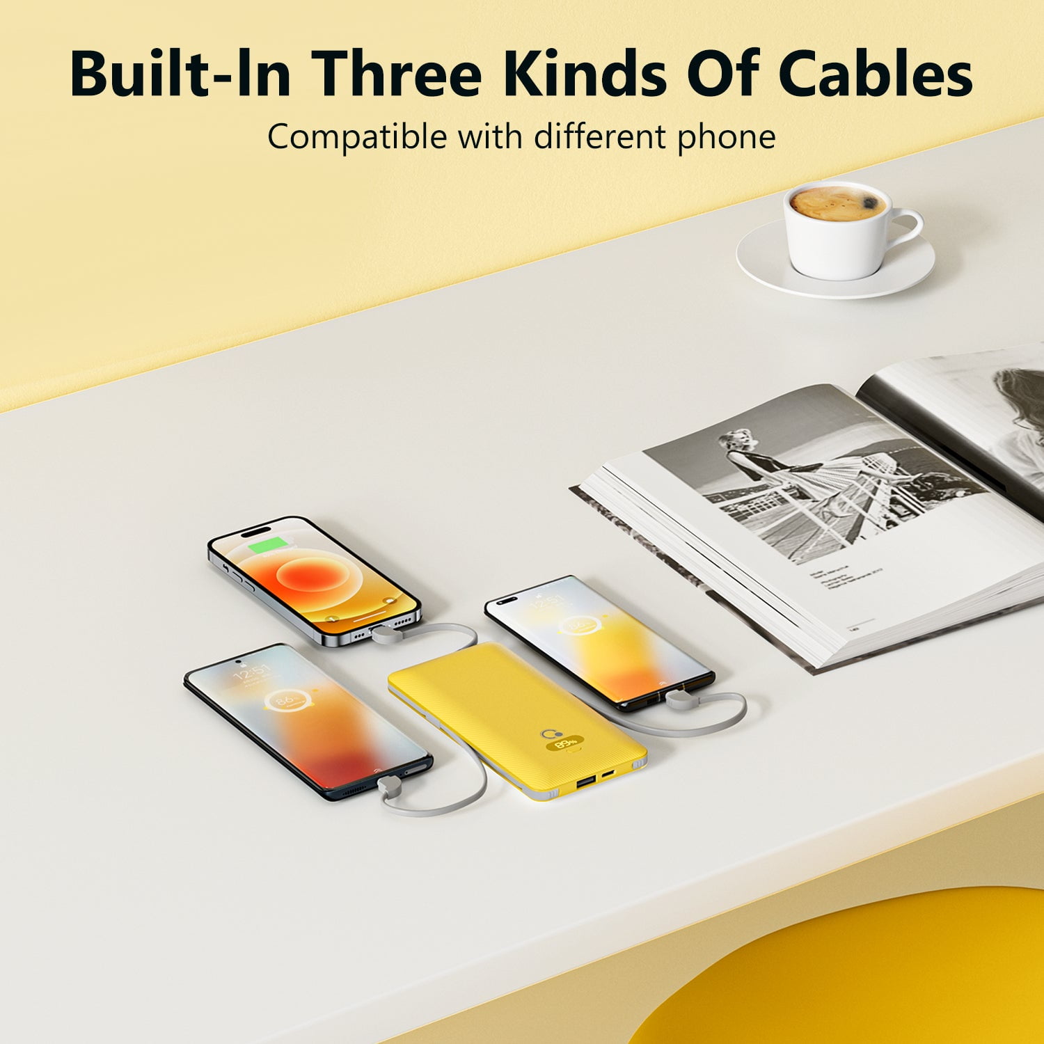 Q 10000mAh Portable Power Bank Charger with Built-in Cables AC outlet, PD 20W USB C Fast Charging with 3 Cords,5 Output slim usb chargerCompatible with iPhone, Tablet & All Smart Phones Yellow