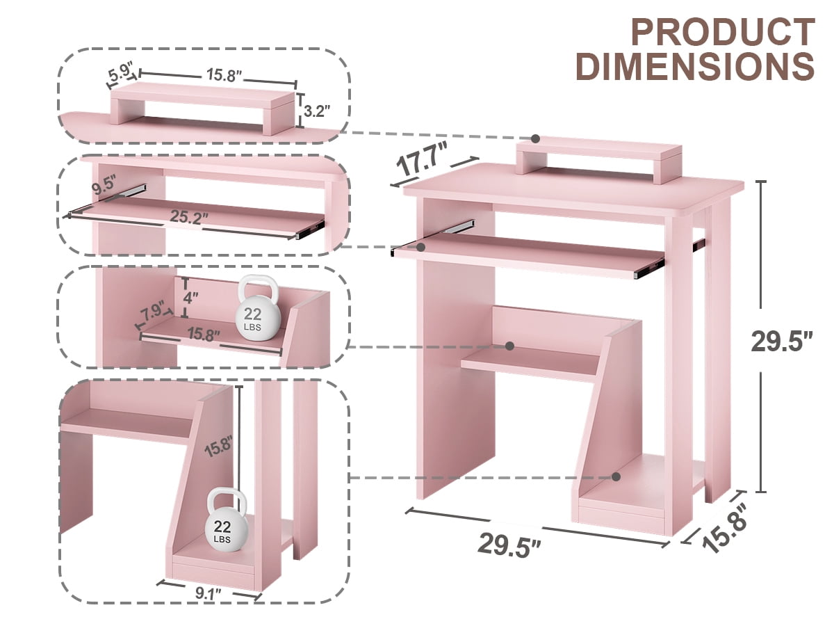MIN EN WIN 29in Computer Desk with Monitor Stand and Keyboard Tray for Small Space, Wood PC Laptop for Bedroom, Writing Table with Shelves for Living room, Pink