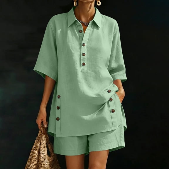 SOOMLON Linen Outfits for Ladies Plus Size Button Henley 3/4 Sleeve Blouse Elastic Waist Shorts Two Piece Matching Set