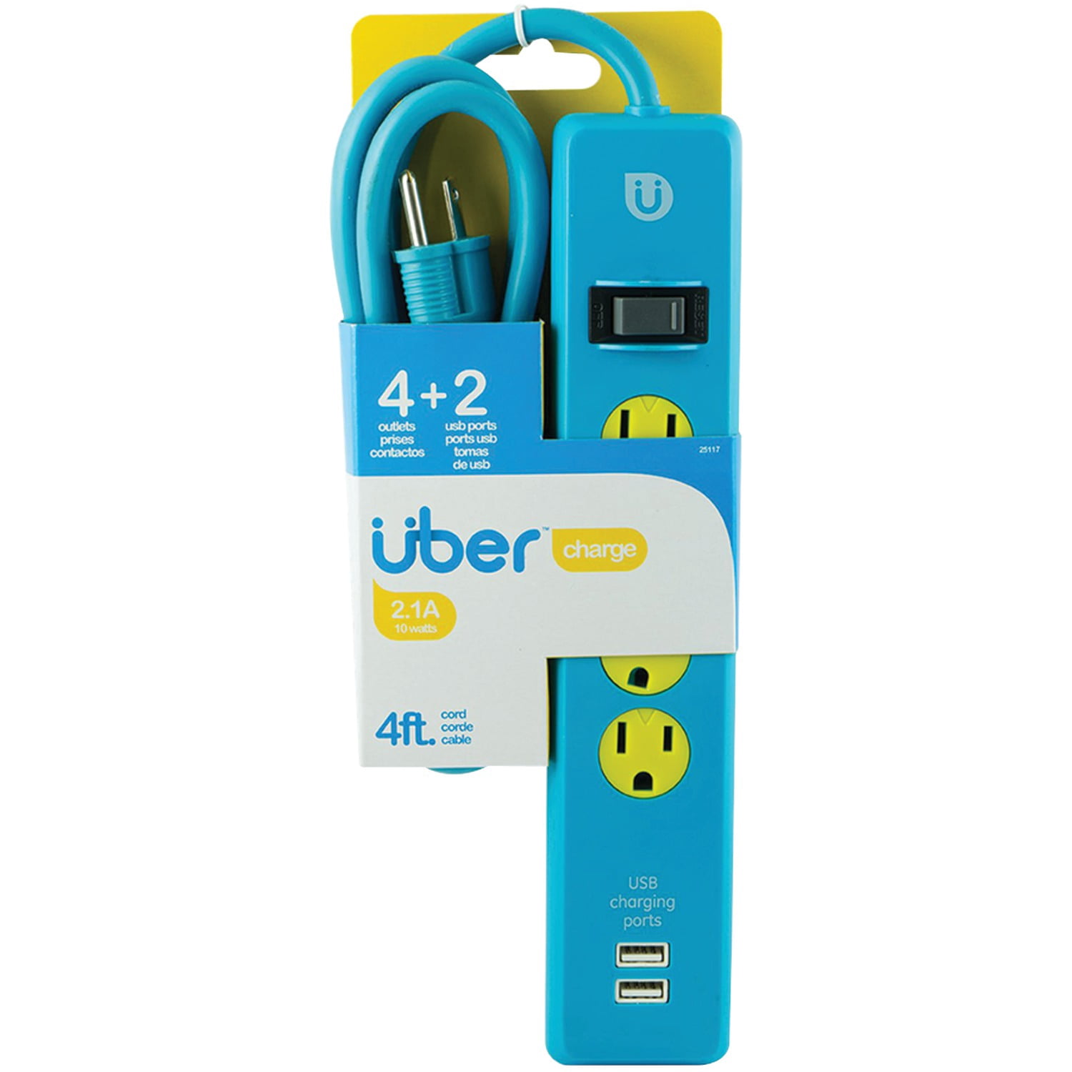 Uber 4-Outlet Power Strip with USB Charging, Blue/Yellow, 4 ft – 25117