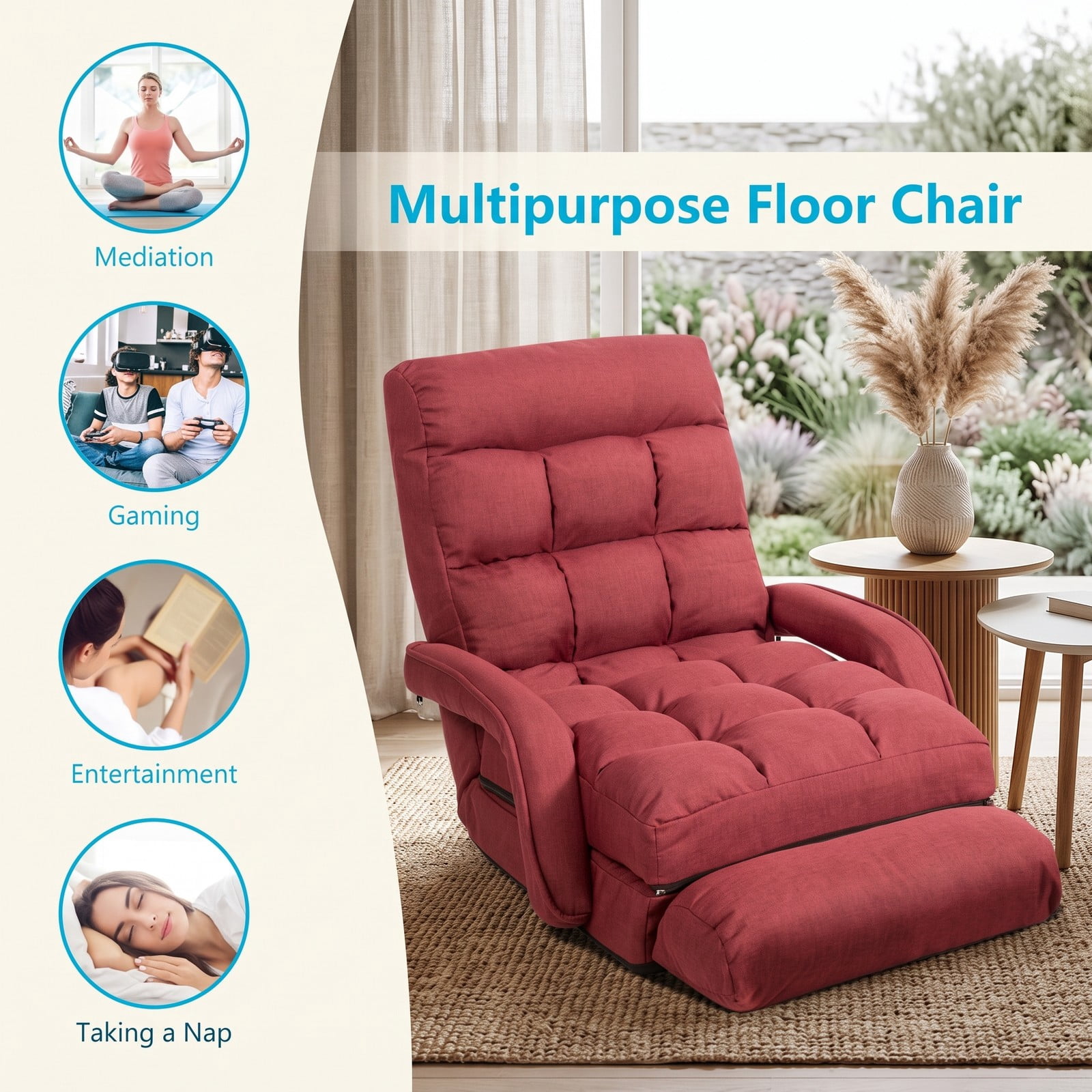 Furnibear Folding Lazy Floor Chair Sofa with Armrests and Lumbar Pillow, 6-Position Adjustable Padded Gaming Meditation Recliner for Living Room Bedroom, Red