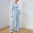 thumbnail image 4 of Two Piece Set for Women, Long Sleeve Off Shoulder Top with Pleated Detail and Wide Leg Pants, Casual Matching Loungewear Set, Soft Rayon Blend Outfit for Travel, Lounge and Daily Wear Light Blue, 4 of 9