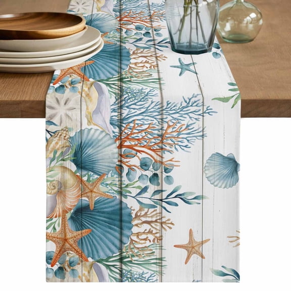 Table Runner - 72 Inch Long, Teal Blue Coastal Kitchen Dining Table Runner Dresser Scarves, Summer Beach Starfish Shell Coral Nautical Vintage Farmhouse Decor for Coffee Tables Wedding Party Banquet