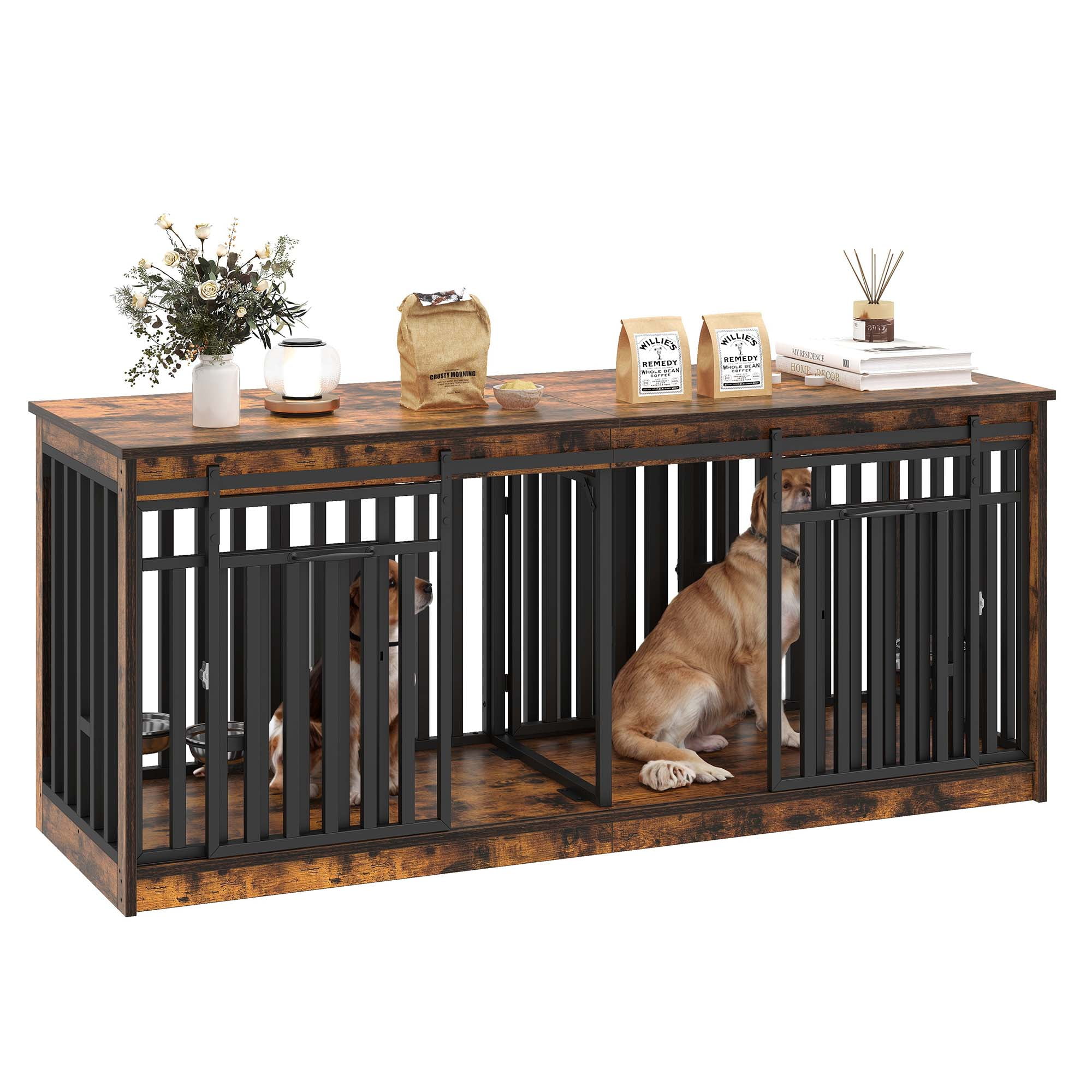 Dextrus 71" Large Double Dog Crate Kennel Furniture with 4 Dog Bowl, Sliding Doors for 2 Medium Dogs, Heavy Duty Wood TV Stand Dog Cage Table - Rustic Brown