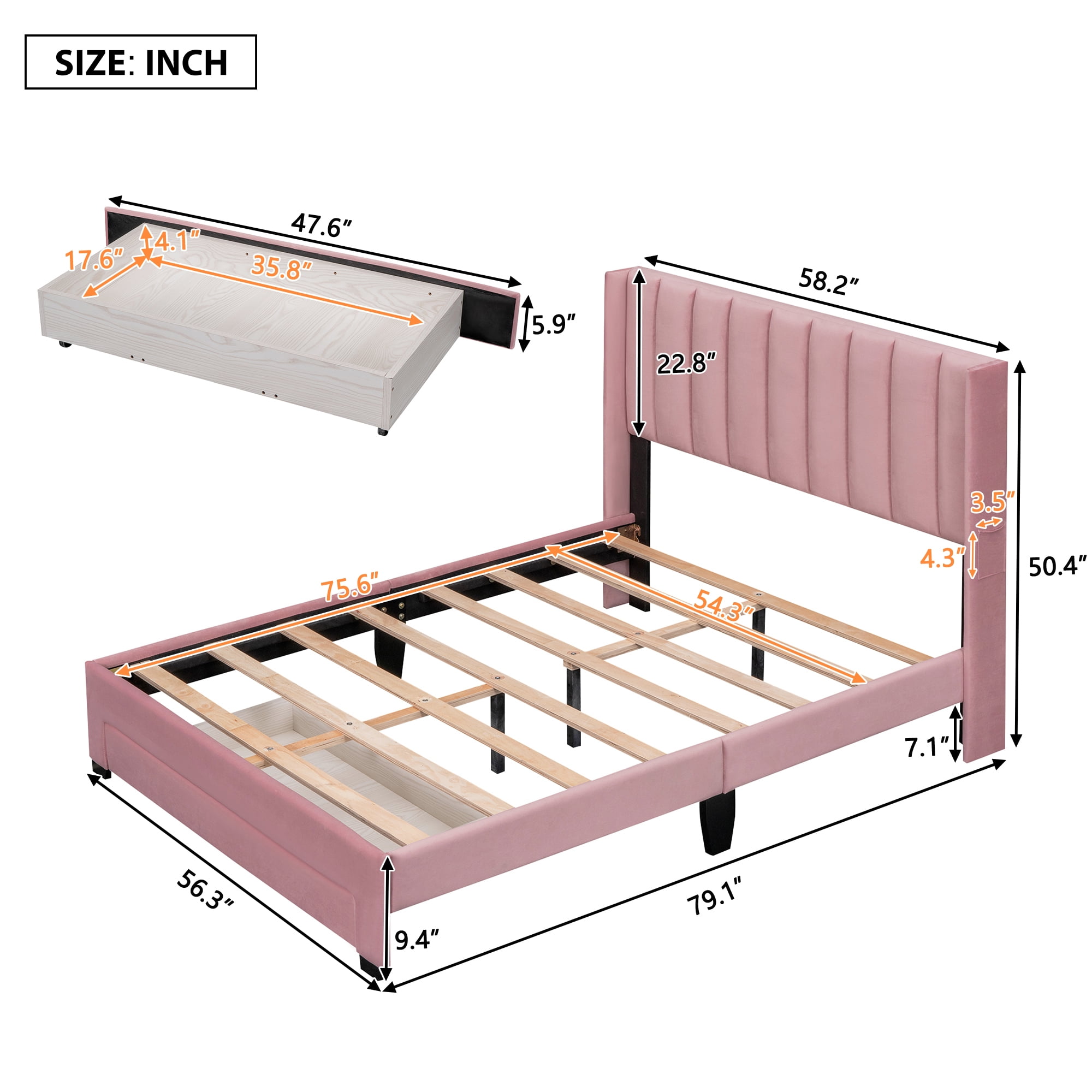 Leumius Full Size Platform Bed with A Storage Drawer,Velvet Upholstered Bed Frame with Wingback Vertical Channel Tufted Headboard,Pink