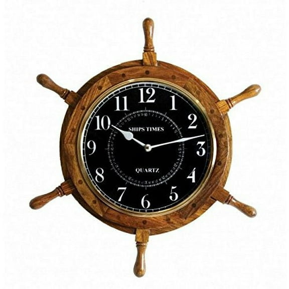 Nagina International 18" Nautical Ship Wheel with 10" Black Clock - Pirate Home Decorative Wall Hanging