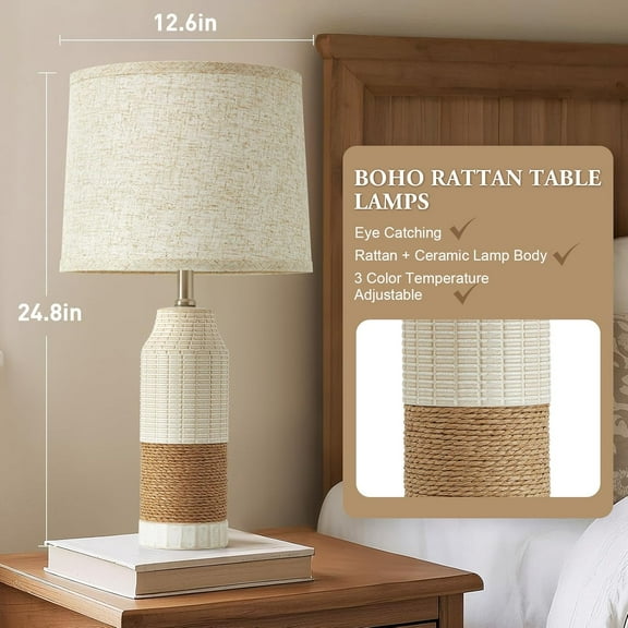 GyroVu Boho Rattan Table Lamps Set of 2, 3 Color Temperature Bedside Table Lamps for Night Stands, Vintage Farmhouse Rattan Table Lamp Antique for Decoration, Bedroom, Living Room, Bedside Table
