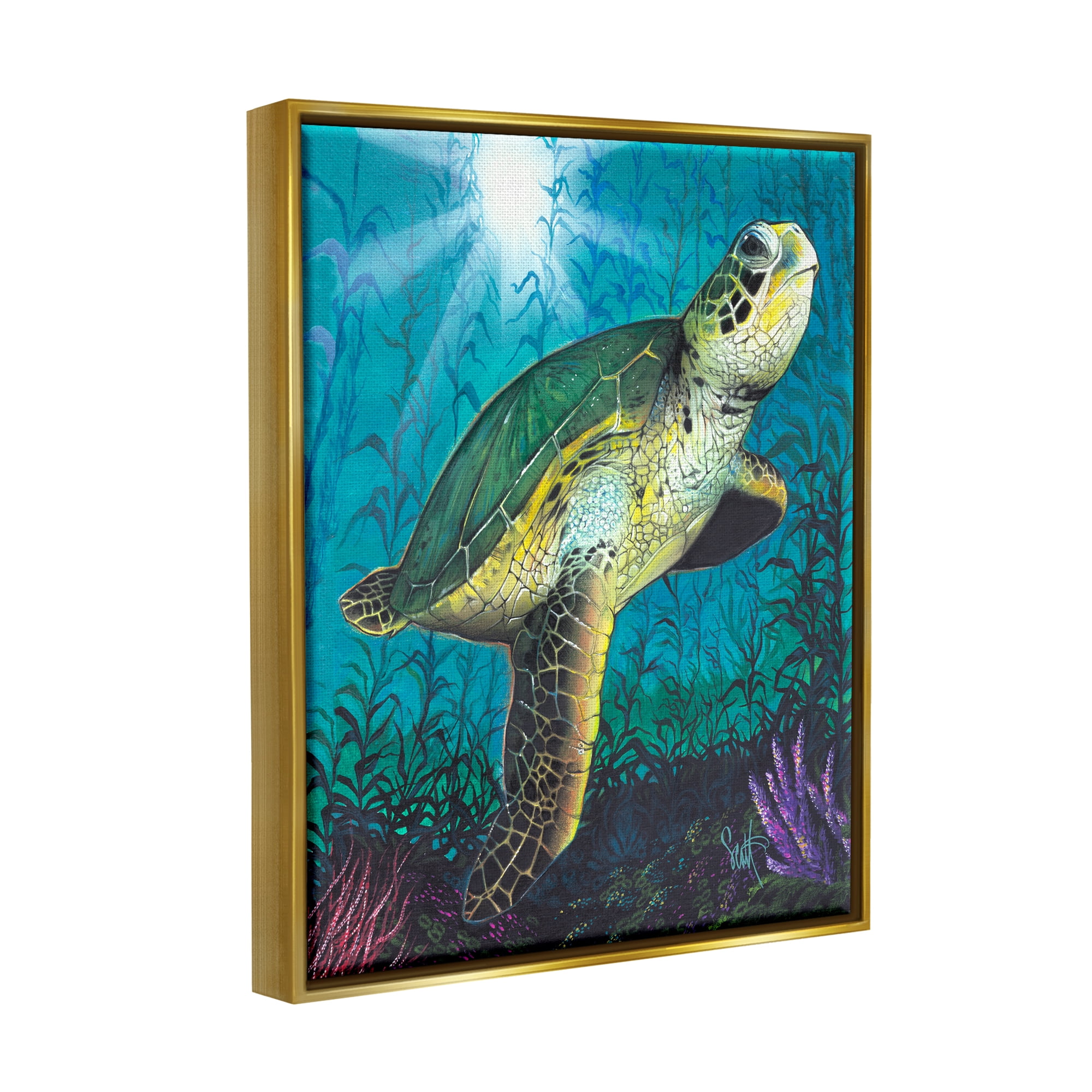 Stupell Industries Turtle Underwater Reef Animals & Insects Painting Gold Floater Framed Art Print Wall Art, 25 x 31